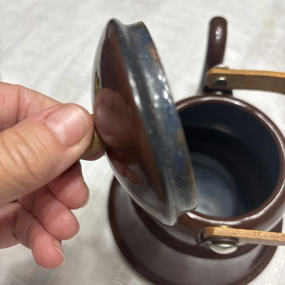 Pretty Shiny Rich Brown Enamel Ware Tea Kettle Metal Farmhouse Cottage Rustic